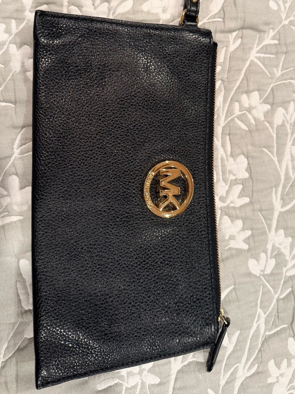 Michael Kors Black Leather Wristlet with Gold MK Emblem